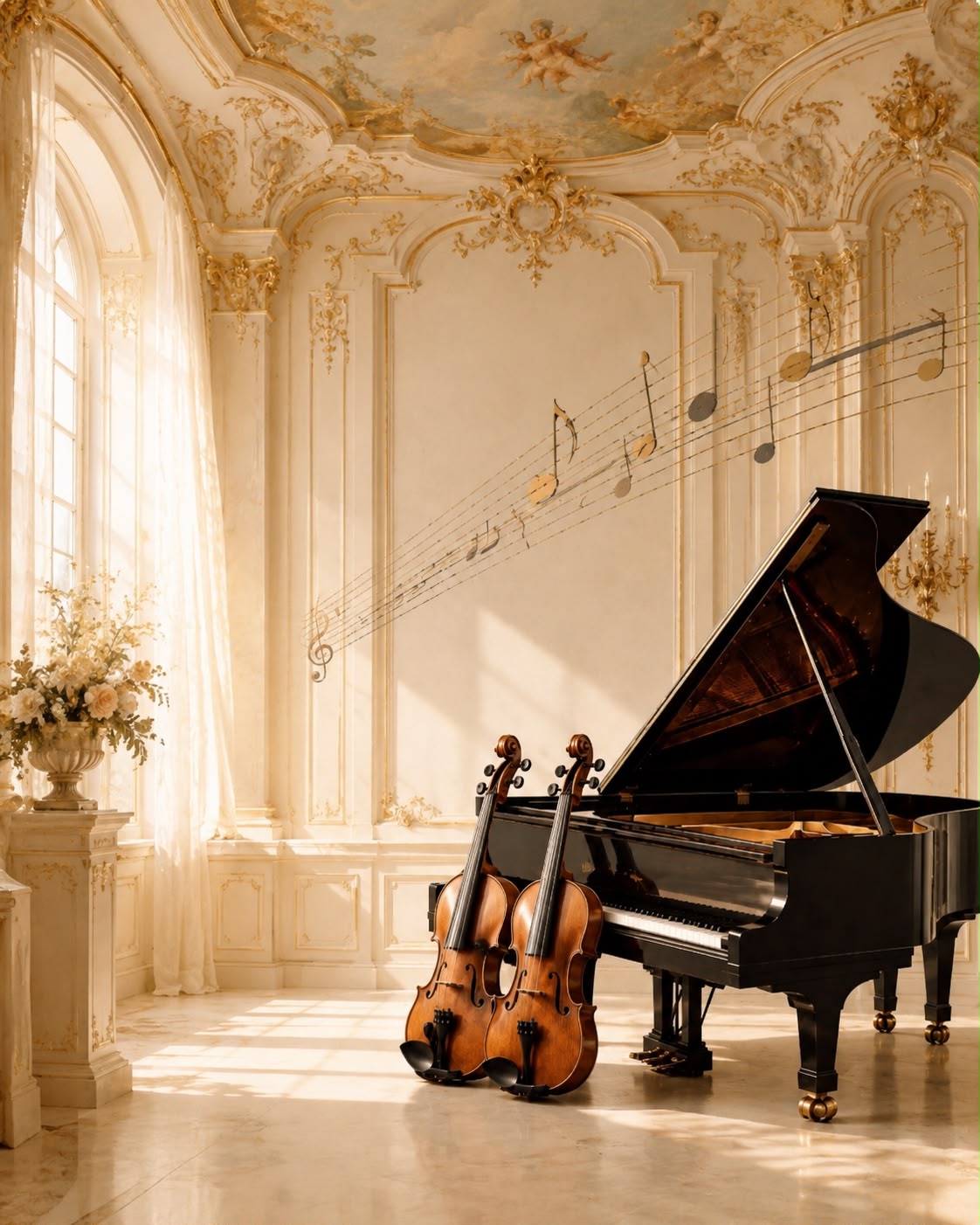 Klavier und Violinen in einem hellen Saal